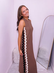 Mocha Midi Dress with Ric Rac Trim