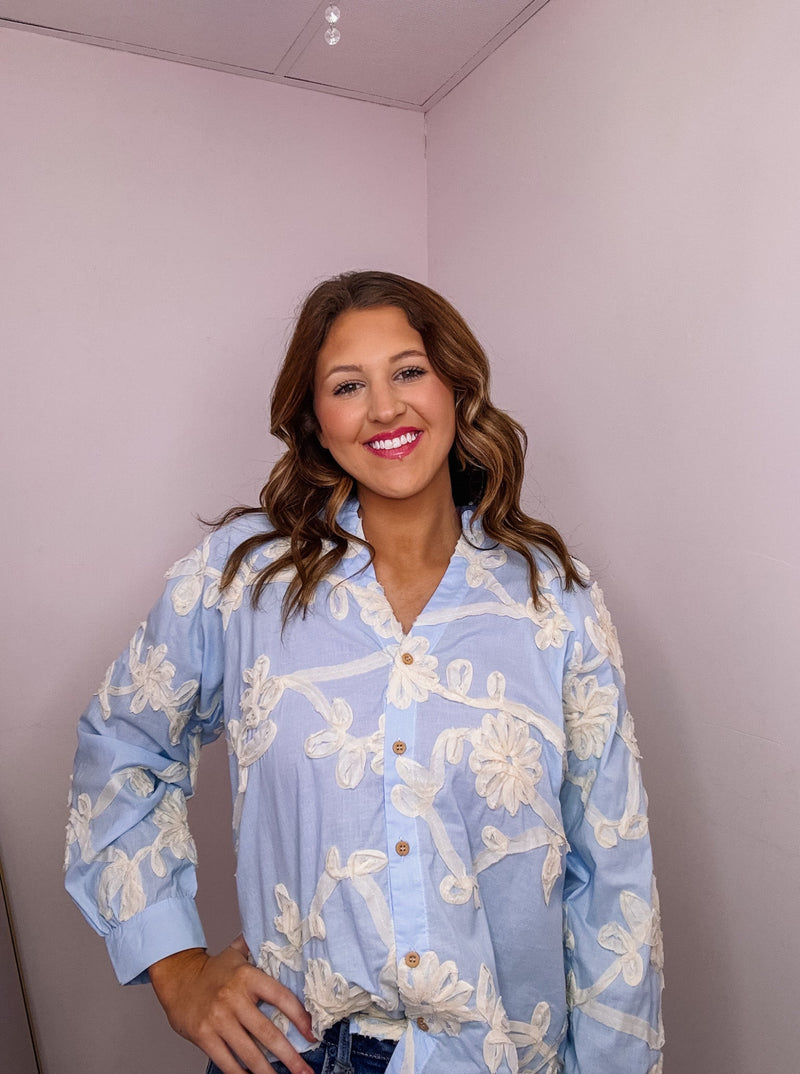 Blue Floral Applique Blouse