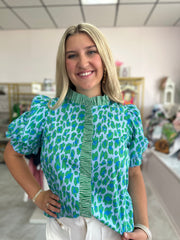 Green & Blue Leopard Print Short Sleeve Top