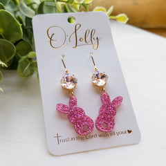 Pink Glitter Acrylic Bunny Dangle Earrings w/Clear Stone- Easter 1