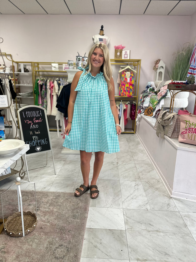 Aqua Seersucker Gingham Ruffle Tie Dress