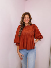 Rust Balloon 3/4 Sleeve  Babydoll Top