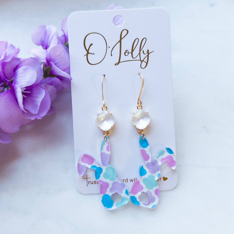 Easter Multicolored Acrylic Bunny Earrings w/White AB Stone “Bunny”