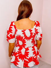 Red Flower Print Baby Doll Top
