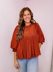 Rust Balloon 3/4 Sleeve  Babydoll Top