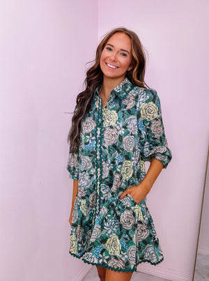 Green Floral Print Mini Dress with Ric Rac Trim