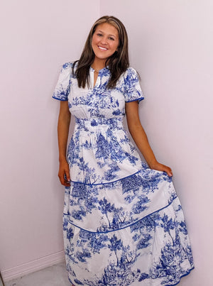 Blue Toile Print Tiered Maxi Dress