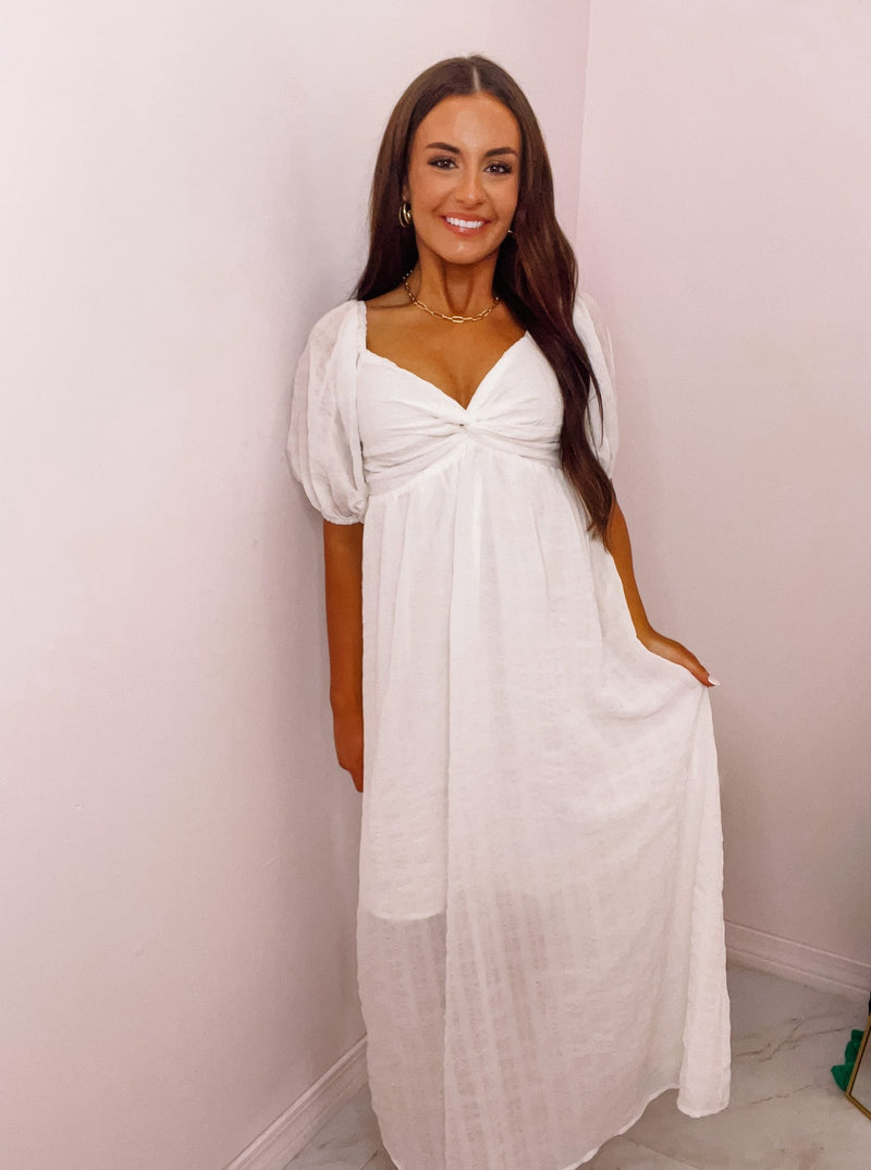 White Puff Sleeve Midi Dress