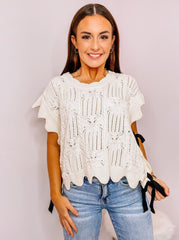 Crocheted Knit Top with Bow Detail