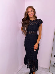 Black Eyelet Lace Ruffle Midi Dress