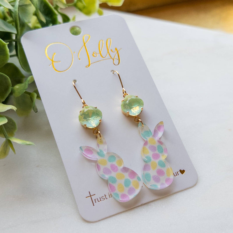 Multicolored Egg Print Acrylic Earrings w/Green Stone - Easter 2