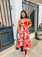 Red Floral Print Midi Dress