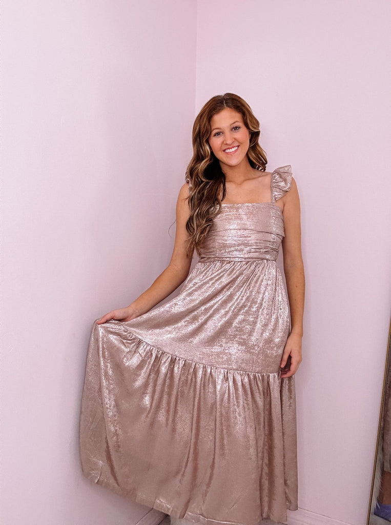 ruffle tiered metallic ruched shoulder dress Mac Duggal Women's Ruffle Tiered Metallic Ruched Shoulder Dress