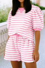 Pink Stripe Spring Puff Sleeve Shirt Matching Shorts Set|