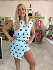 Baby Blue Polka Dot Print Tank Split Mini Skort 2pcs Set|S-4X