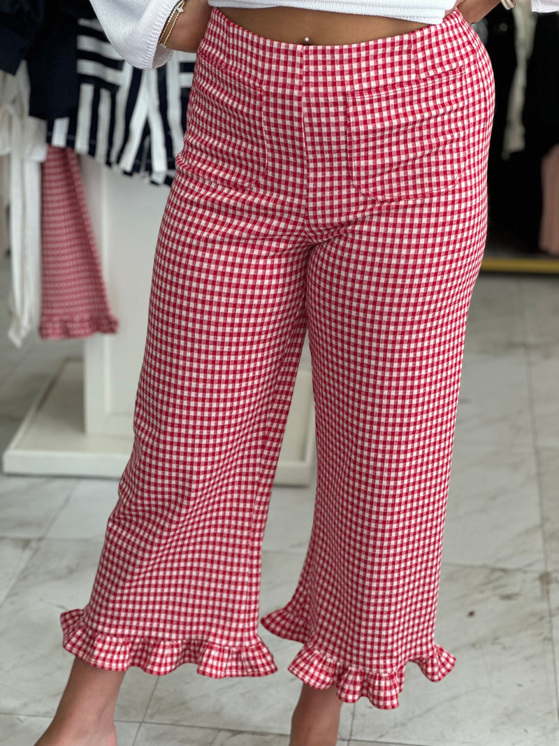 Tomato Gingham Ruffled Hem Pants