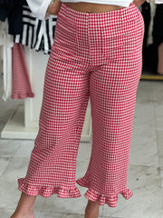 Tomato Gingham Ruffled Hem Pants