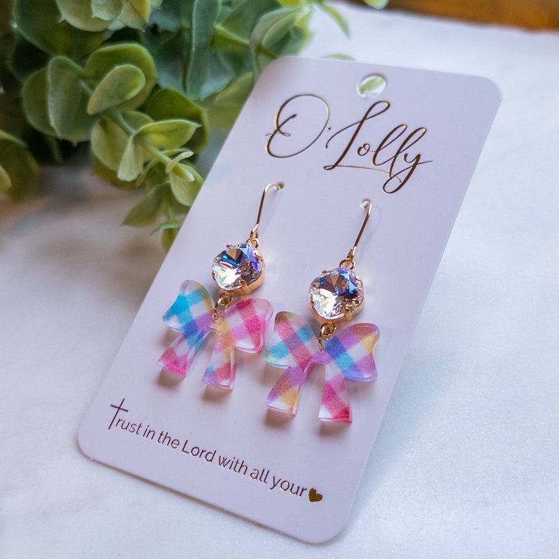 Spring Plaid Acrylic Bow w/ML Clear Stone Dangle Earrings “Maisie”