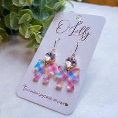 Spring Plaid Acrylic Bow w/ML Clear Stone Dangle Earrings “Maisie”