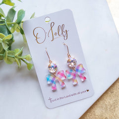 Spring Plaid Acrylic Bow w/ML Clear Stone Dangle Earrings “Maisie”