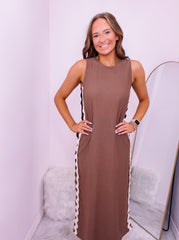 Mocha Midi Dress with Ric Rac Trim