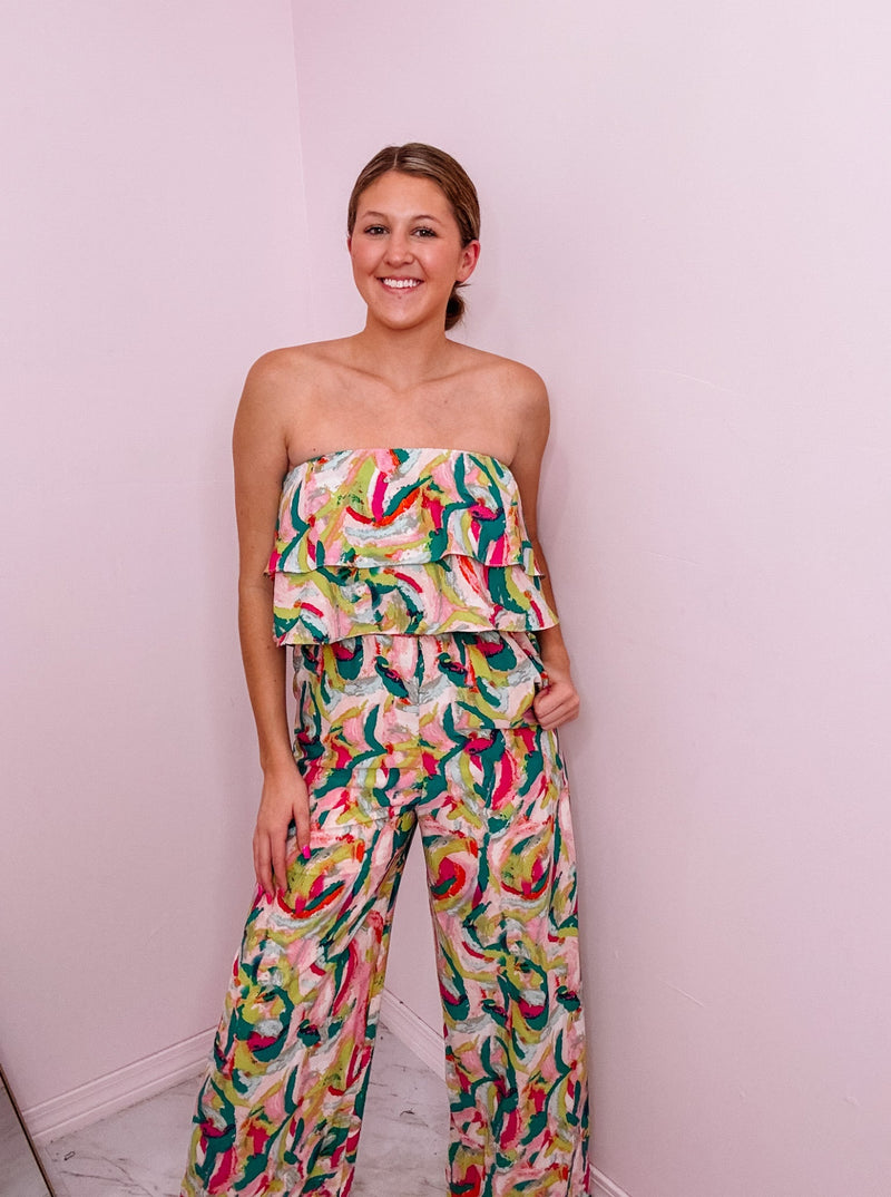 Geometric Patterned Strapless Jumpsuit