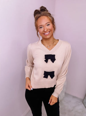 V Neck Sweater with Black Bows