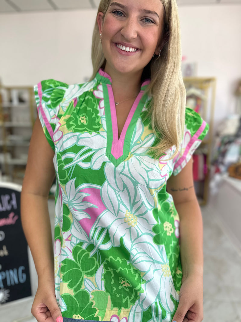 Green/Pink Floral Top with Flutter Sleeves