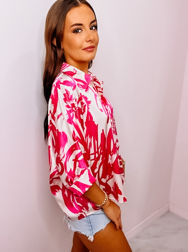 Pink Satin Button Up Blouse