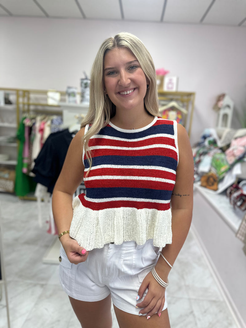 Red & Blue Striped Sleeveless Peplum Knit Top