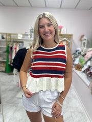 Red & Blue Striped Sleeveless Peplum Knit Top