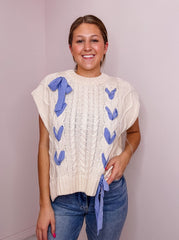 Cable Knit Sweater with Blue Ribbon