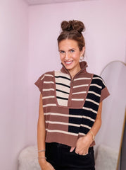 Brown/Black Multicolor Short Sleeve Sweater