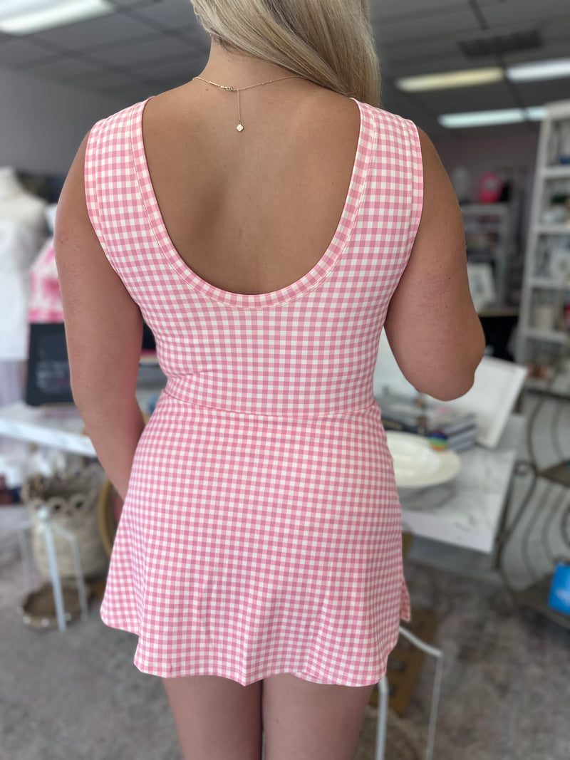 Pink Gingham Print Wrap Tie Dress
