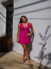 Fuchsia V Neck Flower Dress