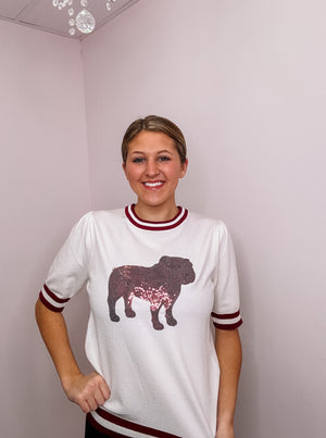 Sequined Miss State Bulldog Short Sleeve Sweater