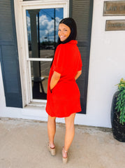 Red Textured Open Collar Dress