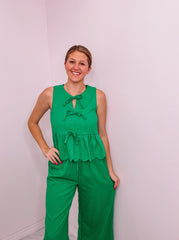 Green Linen Pantsuit with Scalloped Hem