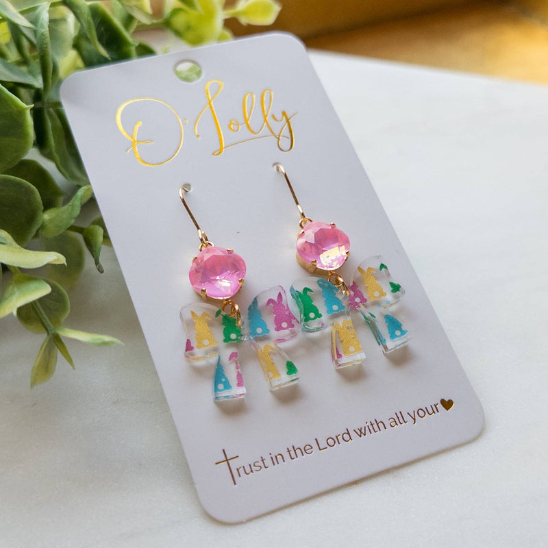 Pink Stone w/Multicolored Bunny Print Bow Dangle Earrings - Easter 3