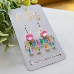 Pink Stone w/Multicolored Bunny Print Bow Dangle Earrings - Easter 3