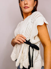 Crocheted Knit Top with Bow Detail