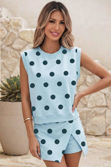 Baby Blue Polka Dot Print Tank Split Mini Skort 2pcs Set|S-4X