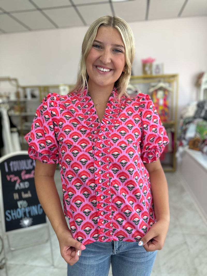 Pink Geometric Print Puff Sleeve Top