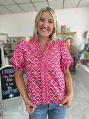 Pink Geometric Print Puff Sleeve Top
