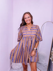 Brown/Blue Stripe Babydoll Dress