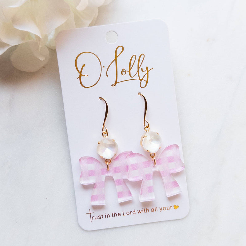 Ping Gingham Acrylic Bow Earrings w/White Stone - “Claire”