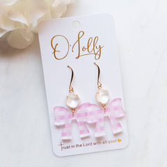 Ping Gingham Acrylic Bow Earrings w/White Stone - “Claire”
