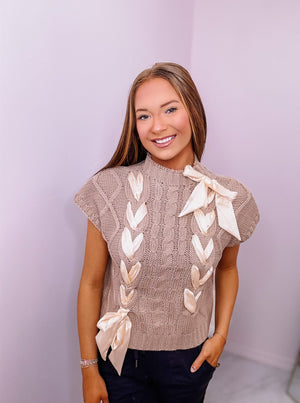 Cable Knit Sweater Vest with Contrast Ribbon