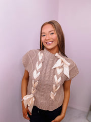 Cable Knit Sweater Vest with Contrast Ribbon