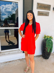 Red Textured Open Collar Dress